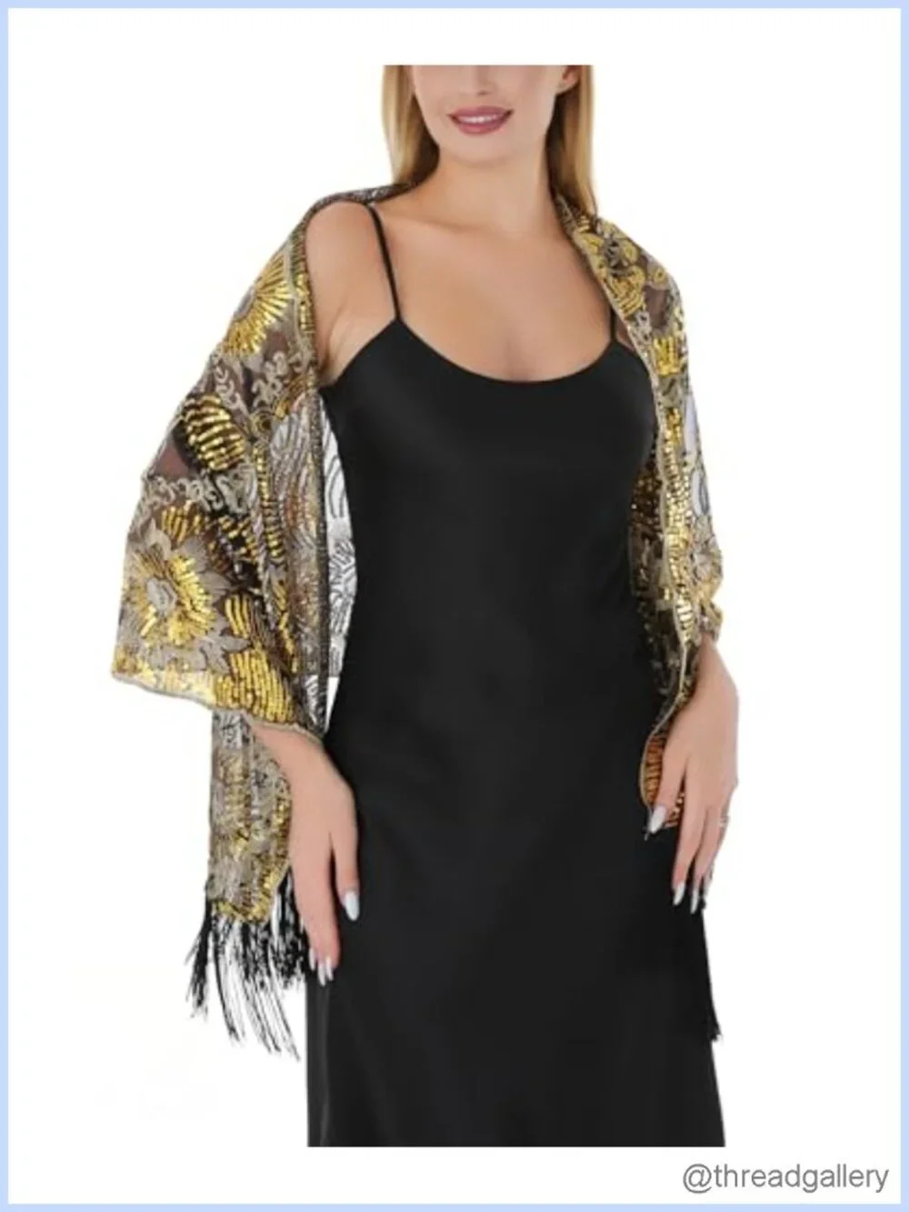 Sequin Shawl Wrap for Evening Dresses, Formal Wedding Sheer Mesh with Fringe,